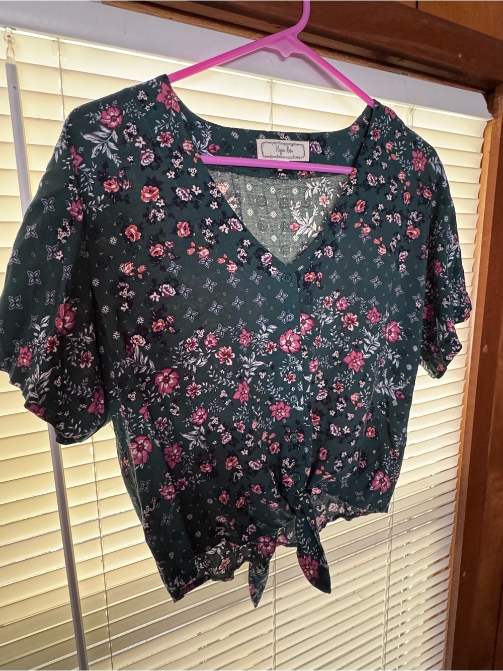 Hippie Rose Green Floral Tie-Front V-Neck Blouse
